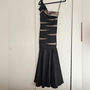 Betsy & Adam One Shoulder Black and Pewter Dress. 10 Petite